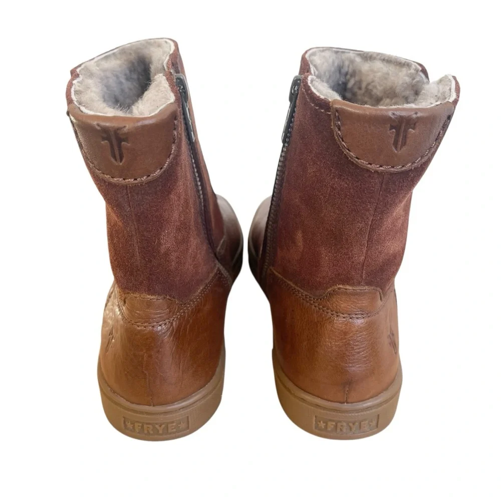 Frye Gemma Short Shearling Leather and Suede Boots in Cognac Brown Size 6.5